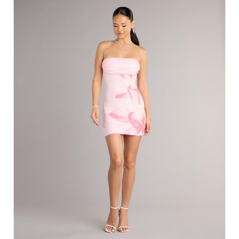 Robe Courte Perlée à Motif Floral