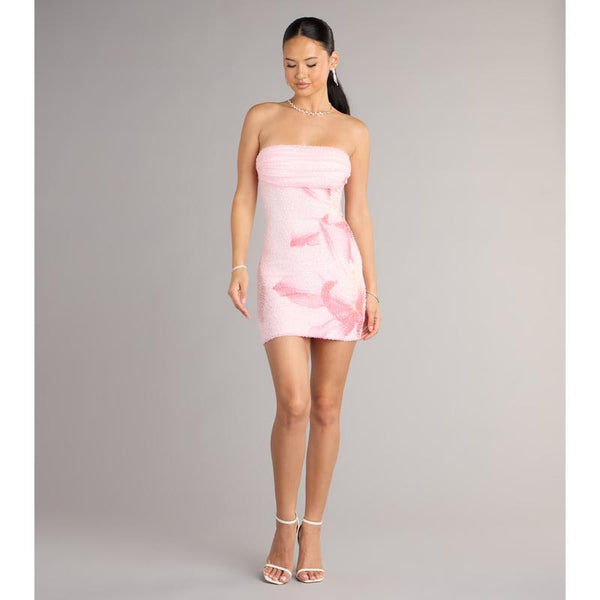 Robe Courte Perlée à Motif Floral