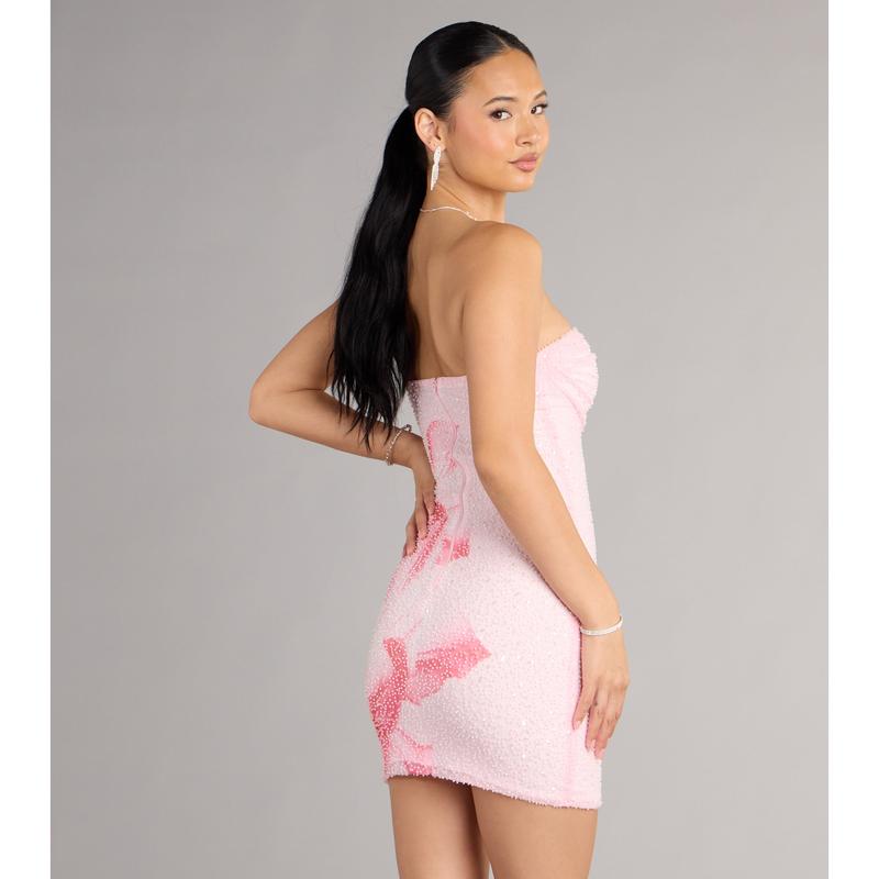 Robe Courte Perlée à Motif Floral