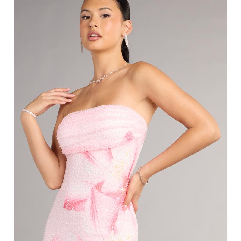 Robe Courte Perlée à Motif Floral