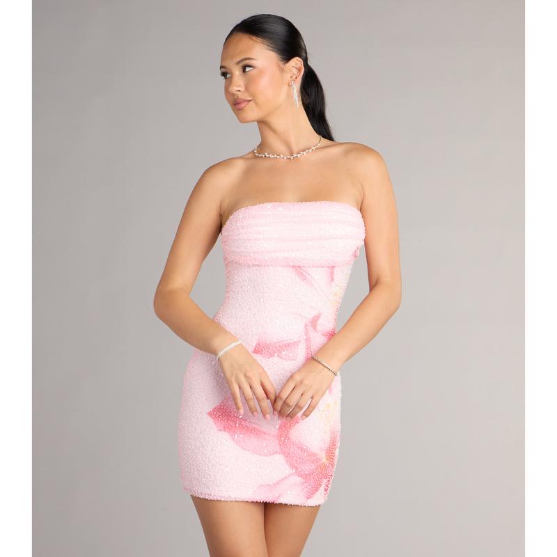 Robe Courte Perlée à Motif Floral